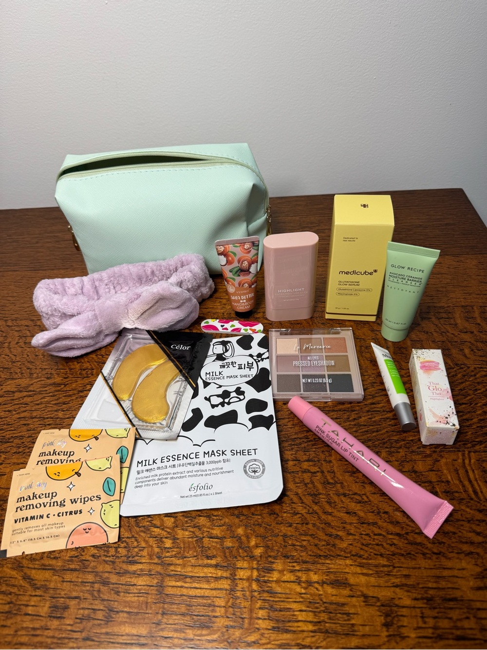 Mint Green Cosmetic Bag Stuffed/Pregnant with Assorted Skincare & Makeup
